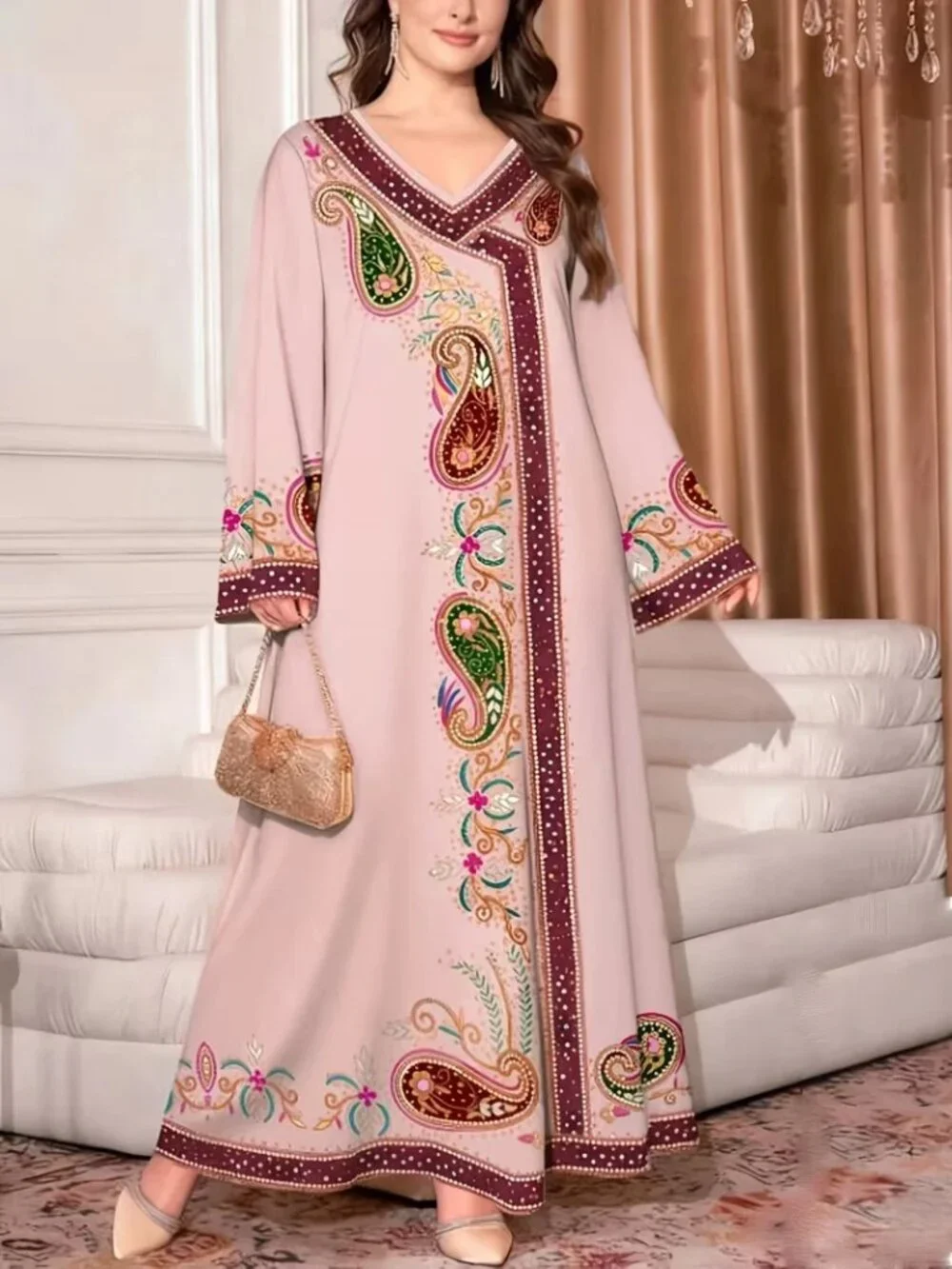 Women Dress Middle Eastern Robe Spring Summer Fashion Ethnic Print Size Plus 2XL - Picture 2 of 12